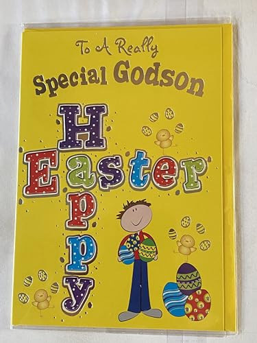 To A Really Special Godson Happy Easter Card Yellow-Cute Boy/Multi Easter Eggs/Multi Words Foil Detail(PH34282E)