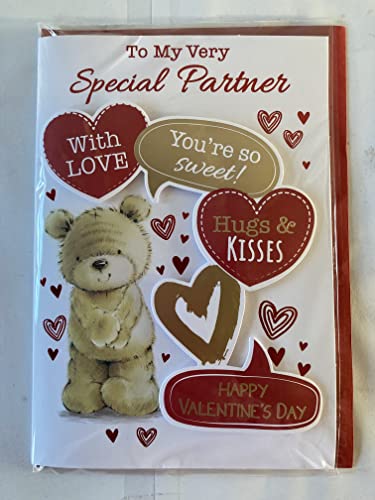 To My Very Special Partner With Love You're So Sweet! Hugs & Kisses Happy Valentine's Day Valentines Day Card Teddy/Red+Gold Hearts/Words 3D/Foil Detail (PRELUDE47549)