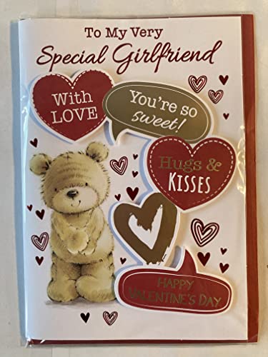 To My Very Special Girlfriend You're With Love So Sweet! Hugs & Kisses Happy Valentine's Day Valentines Day Card Teddy/Red+Gold Hearts/Words 3D/Foil Detail (PRELUDE47549)