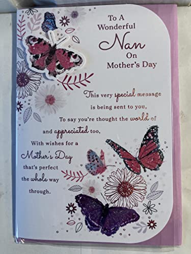 To A Wonderful Nan On Mother's Day Mothers Day Card White-Butterflies/Flowers/Pink Words 3D/Glitter/Foil Detail(PRELUDE47688)