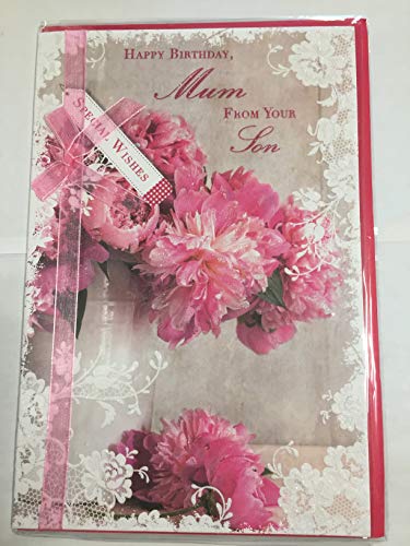 Happy Birthday Mum From Your Son Birthday Card Pink Flowers Ribbon/Glitter/Foil Detail(PRELUDE39553)