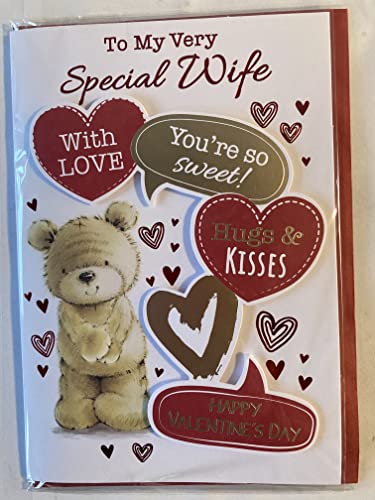 To My Very Special Wife With Love You're So Sweet! Hugs & Kisses Happy Valentine's Day Valentines Day Card Teddy/Red+Gold Hearts/Words 3D/Foil Detail (PRELUDE47549)