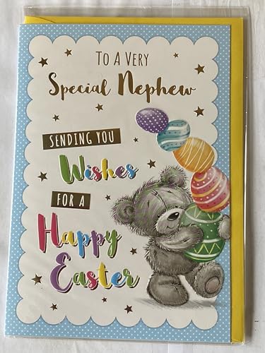 To A Very Special Nephew Sending You Wishes For A Happy Easter Card Standing Grey Teddy/Multi Easter Eggs Foil Detail(PH48820E)