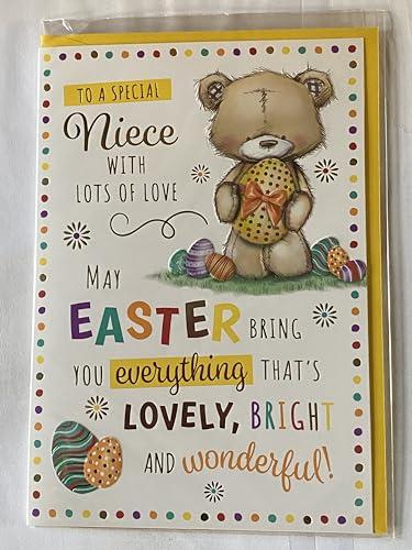 To A Special Niece With Lots Of Love Easter Card Teddy Holding Yellow Easter Egg/Multi Words/Spots Foil Detail(PH48819E)