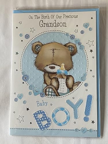 On The Birth of Our Precious Grandson New Baby Boy Born Card From Grandparents White/Blue Teddy/Blue Bottle Glitter/Foil Detail(PH43646A)