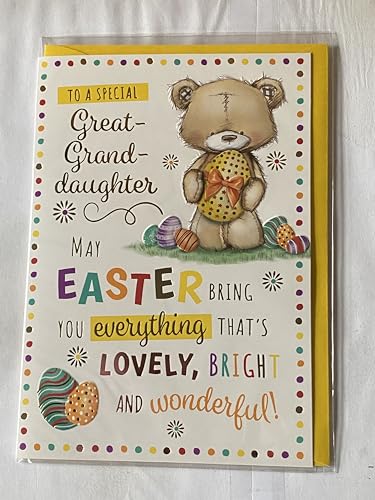 To A Special Great-Granddaughter Easter Card Teddy Holding Yellow Easter Egg/Multi Words/Spots Foil Detail (PH48819E)