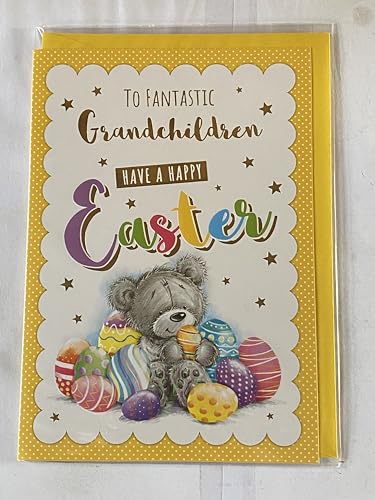 To Fantastic Grandchildren Have A Happy Easter Card Sitting Grey Teddy/Multi Easter Eggs Foil Detail (PH48820A)