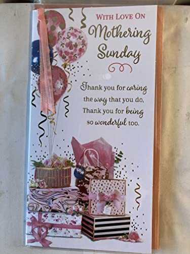 With Love On Mothering Sunday Mother's Day Mothers Day Card Pink/Gold Balloons/Presents/Words Ribbon/Foil Detail(PRELUDE47682)