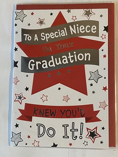 To A Special Niece On Your Graduation Card Graduated Congratulations Well Done White/Red/Silver/Black Stars/Words Foil Detail(PH48321A)