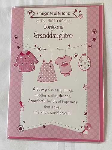 Congratulations On The Birth of Your Gorgeous Granddaughter New Baby Girl Born Card to The Grandparents White/Pink Clothes/Words Foil Detail(PH39997E)