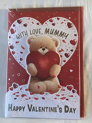 With Love Mummy Happy Valentine's Day Valentines Day Card White/Red-Teddy Holding Large Red Heart 3D/Foil Detail (PRELUDE49596)