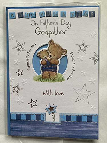 A Big Hug & Kiss On Father's Day Godfather Especially For You With Love Fathers Day Card Teddies Holding Brown Soft Teddy Foil Detail(SS31778A)