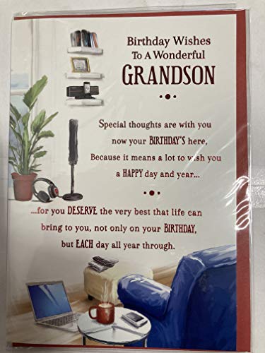 Birthday Wishes To A Wonderful Grandson Birthday Card Techno/Blue Chair/Laptop/Words Foil Detail(PH43625A)