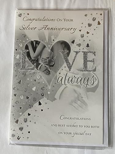 Congratulations On Your Silver Anniversary Love Always 25th Wedding Anniversary Card White/Grey/Silver Bride+Groom/Words/Heart/Confetti Glitter/Foil Detail(PH41081E)