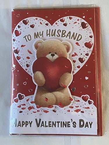 To My Husband Happy Valentine's Day Valentines Day Card White/Red-Teddy Holding Large Red Heart 3D/Foil Detail (PRELUDE49596)