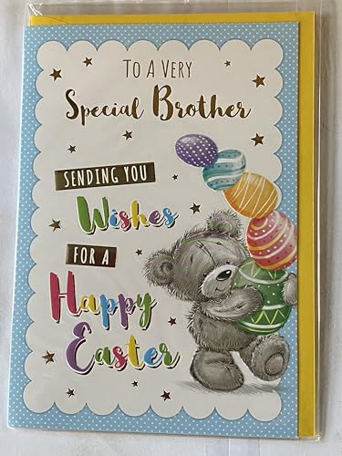 To A Very Special Brother Sending You Wishes For A Happy Easter Card Standing Grey Teddy/Multi Easter Eggs Foil Detail(PH48820E)