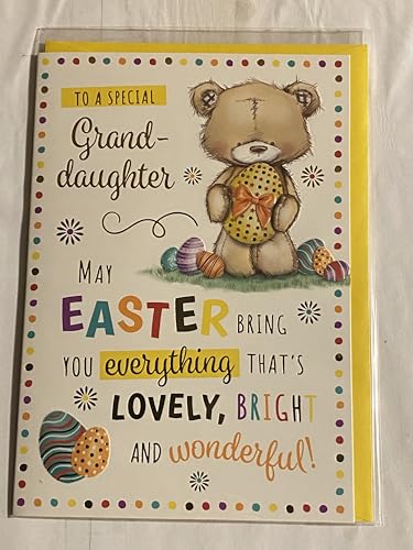 To A Special Granddaughter Easter Card Teddy Holding Yellow Easter Egg/Multi Words/Spots Foil Detail (PH48819E)