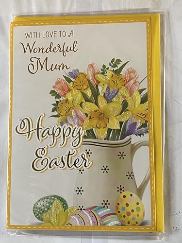 With Love To A Wonderful Mum Happy Easter Card Multi Flowers/Jug Vase/Eggs Glitter/Foil Detail(PH48821A)