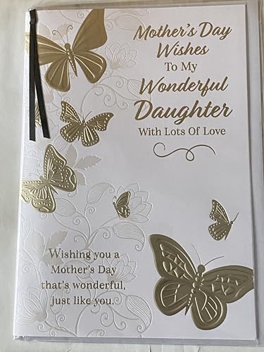 Mother's Day Wishes To My Wonderful Daughter With Lots Of Love Mothers Day Card White/Gold Butterflies/Words Ribbon/Foil Detail Larger Size Card(PRELUDE47703)