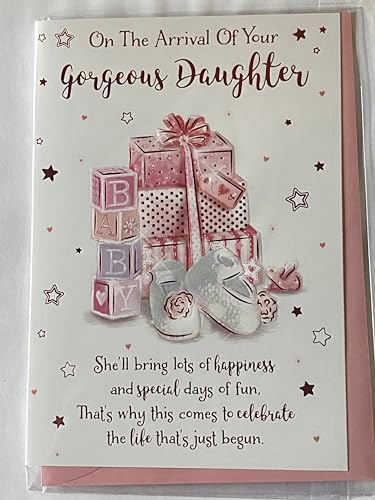 On The Arrival of Your Gorgeous Daughter Birth Your Daughter New Baby Girl Born Card Pink Presents/Pink Words Foil Detail(PH47360E)