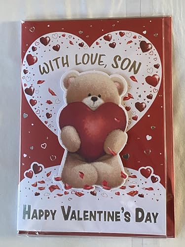 With Love Son Happy Valentine's Day Valentines Day Card White/Red-Teddy Holding Large Red Heart 3D/Foil Detail (PRELUDE49596)