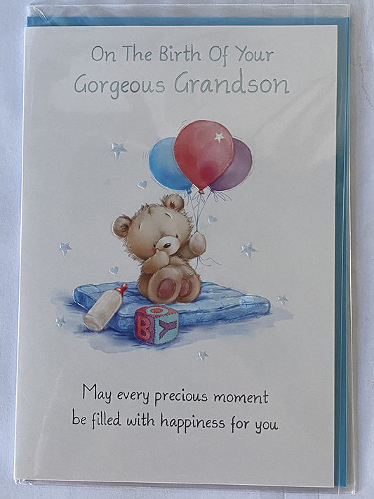 On The Birth Of Your Gorgeous Grandson New Baby Boy Born Card Teddy/Blue Mat/Multi Balloons Foil Detail(NC-VA156E)