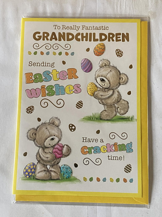 To Really Fantastic Grandchildren Sending Easter Wishes Have A Cracking Time! Easter Card Teddies/Multi Words/Multi Easter Eggs Foil Detail (PH49853A)