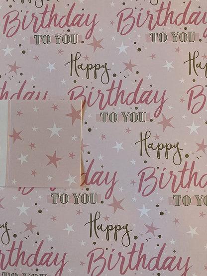 Female/Ladies/Girls Pink/Gold Happy Birthday To You Words/Stars Wrapping Paper+Gift Tag 2 Sheets Wrapping Paper+1 Gift Tag