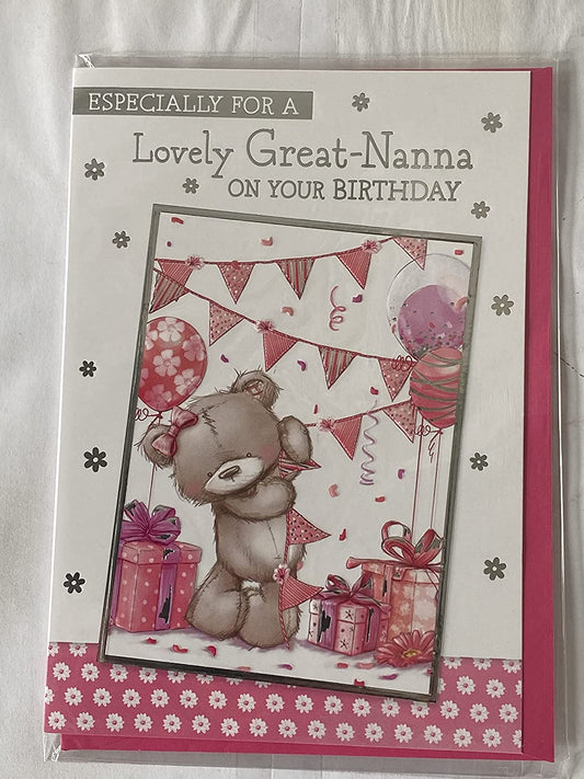 Especially For A Lovely Great-Nanna On Your Birthday Card Standing Teddy/Pink Bunting/Presents/Balloons Foil Detail(PH48391A)