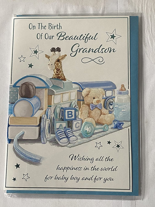 On The Birth Of Our Beautiful Grandson New Baby Boy Born Card From The Grandparents White/Blue Toy Train/Teddy/Giraffe Foil Detail(PH45874A)