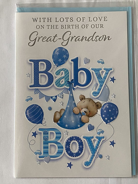 With Lots Of Love On The Birth of Our Great-Grandson New Baby Boy Born Card From Great-Grandparents Teddy/Blue Blanket/Blue Balloons Foil Detail(VA216A)