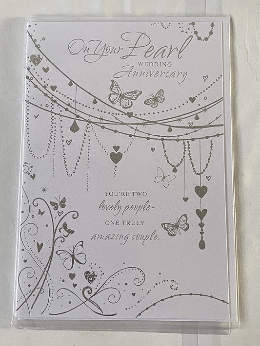 On Your Pearl 30th Wedding Anniversary Card White/Silver Butterflies/Words Glitter/Foil Detail