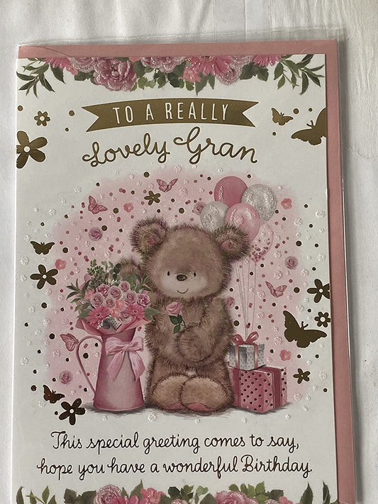 To A Really Lovely Gran Birthday Card Teddy/Flowers/Pink Jug/Presents/Gold Words Glitter/Foil Detail(PH48392A)