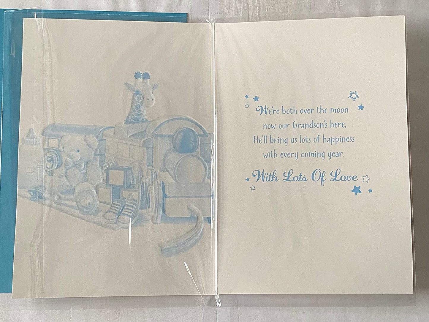 On The Birth Of Our Beautiful Grandson New Baby Boy Born Card From The Grandparents White/Blue Toy Train/Teddy/Giraffe Foil Detail(PH45874A)