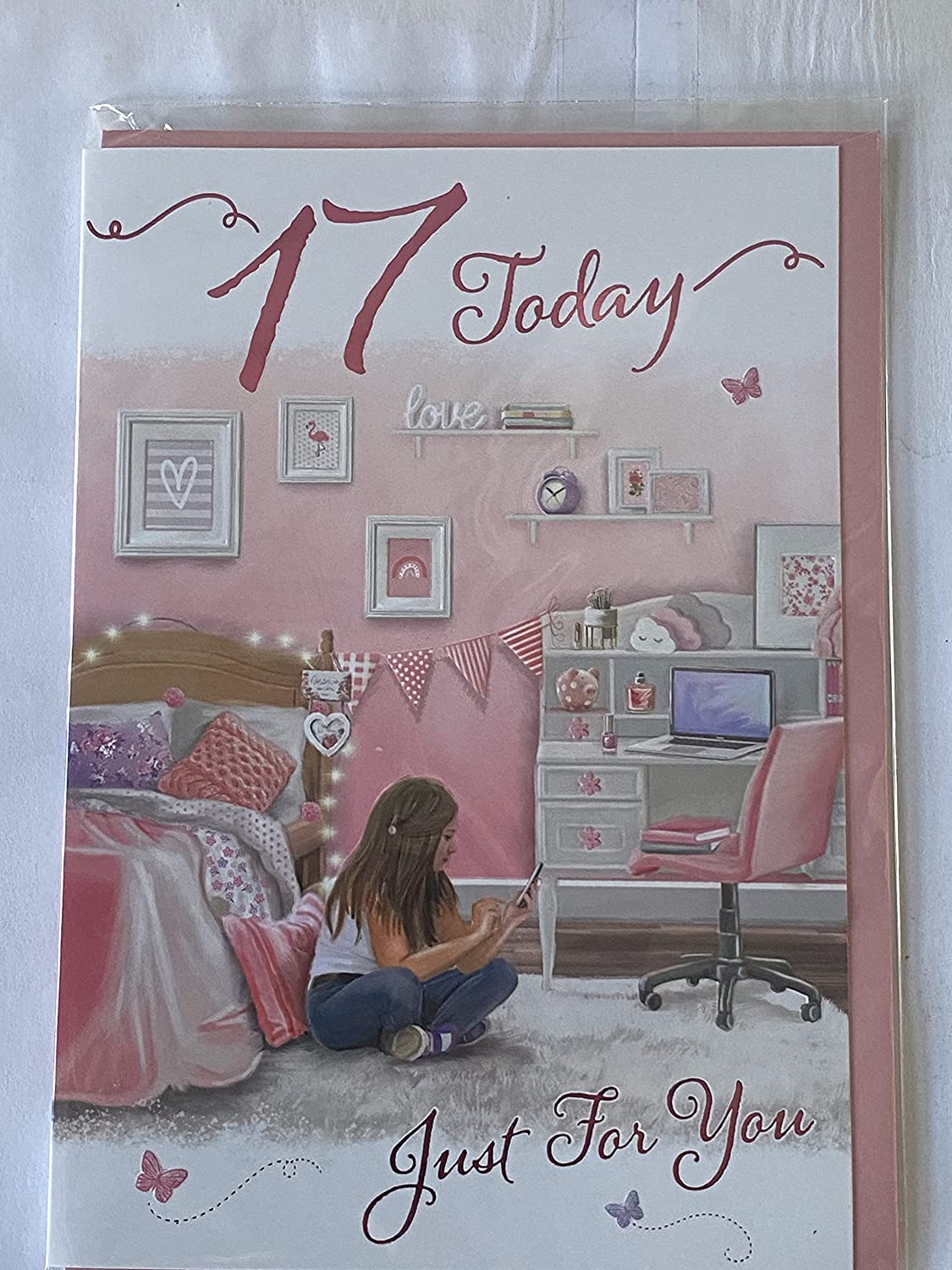 Girls/Female Age 17 17th Seventeen Seventeenth 17 Today Just For You Birthday Card Girl Sat On Floor/Bedroom/Mobile Foil Detail(PH48403A)