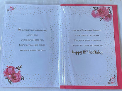 You're 18 Today Niece Special Birthday Wishes Just For You Birthday Card Age 18 18th Eighteen Eighteenth Pink Flowers/Gold Spots 3D/Glitter/Foil Detail