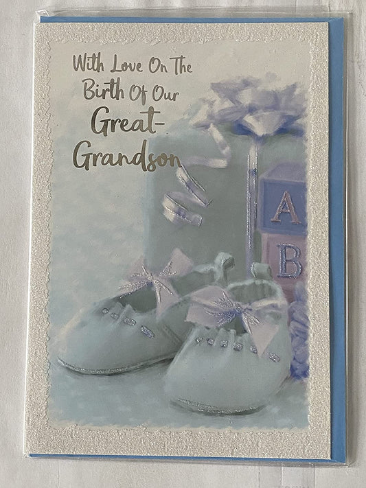 With Love On The Birth of Our Great-Grandson New Baby Boy Born Card From Great-Grandparents Blue Booties/Blue Present Glitter/Foil Detail(PH43647A)