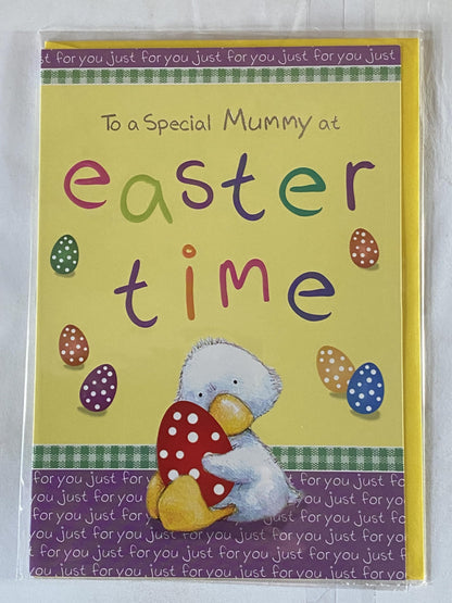 To A Special Mummy At Easter Time Easter Card Yellow-Duck/Multi Easter Eggs/Words Foil Detail(PH31691A)