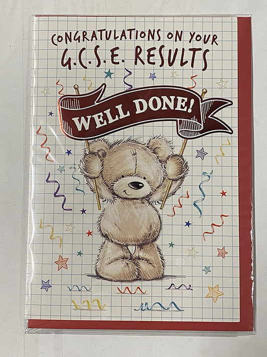 Congratulations On Your G.C.S.E Results Well Done! Card Passed Passing GCSE Exams Congratulations Teddy Holding Red Banner Foil Detail(PH48881A)