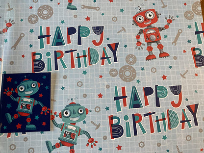 Boys Male Blue/Red/Green Robots/Words Happy Birthday Gift Wrapping Paper Birthday 2 Sheets+1 Gift Tag