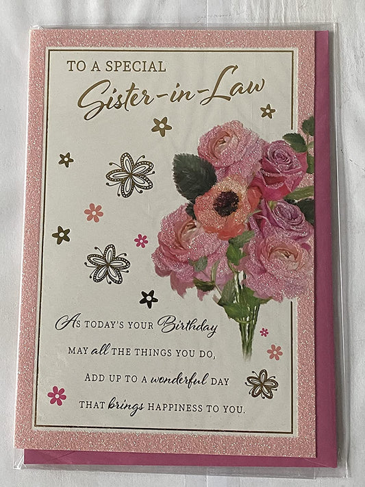 To A Special Sister-In-Law Birthday Card Pink Flowers/Gold Words Glitter/Foil Detail(PH47329E)