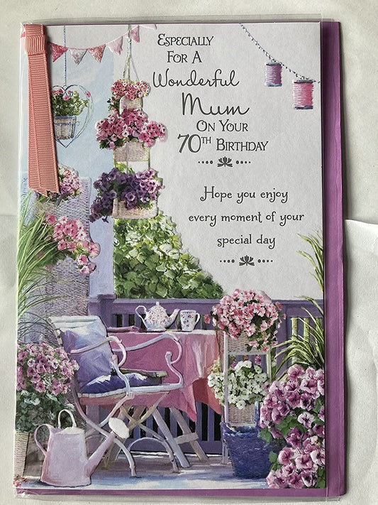 Especially For A Wonderful Mum On Your 70th Birthday Card 70 Seventy Seventieth White/Purple/Pink Flower Garden/Words Ribbon/Foil Detail