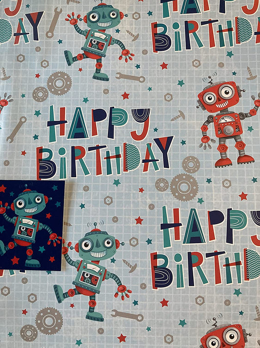 Boys Male Blue/Red/Green Robots/Words Happy Birthday Gift Wrapping Paper Birthday 2 Sheets+1 Gift Tag