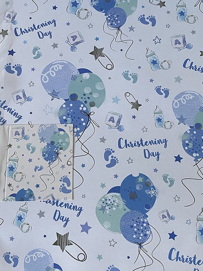 Boys Blue/Green Balloons/Stars Christening Day Wrapping Paper + Gift Tag - 2 Sheets Wrapping Paper + 1 Gift Tag