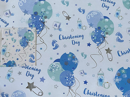 Boys Blue/Green Balloons/Stars Christening Day Wrapping Paper + Gift Tag - 2 Sheets Wrapping Paper + 1 Gift Tag