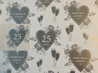 25th White/Silver Hearts/Flutes/Roses Forever & Always 25 Years Silver Wedding Anniversary 25 Wrapping Paper + Gift Tag 2 Sheets + 1 Gift Tag