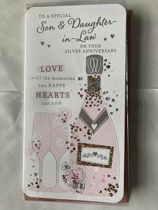 To A Special Son & Daughter-In-Law On Your Silver Anniversary 25th Wedding Anniversary Card Pink/Silver Champagne/Flutes/Words Gems/Foil Detail(PRELUDE47276)