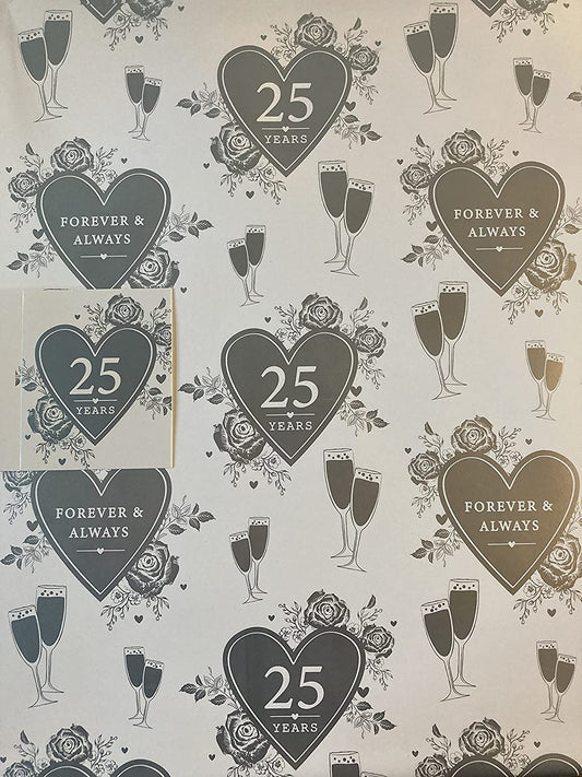 25th White/Silver Hearts/Flutes/Roses Forever & Always 25 Years Silver Wedding Anniversary 25 Wrapping Paper + Gift Tag 2 Sheets + 1 Gift Tag