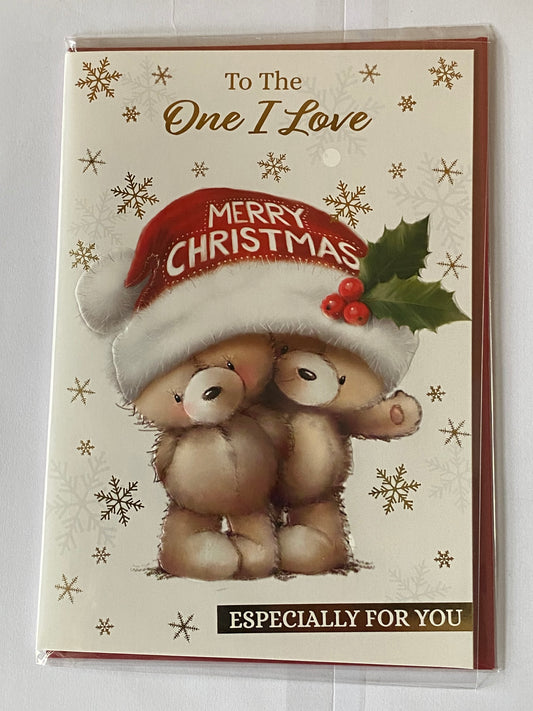 To The One I Love Merry Christmas Card Teddies/Santa Hat/Gold Snowflakes(NC-VX104B)