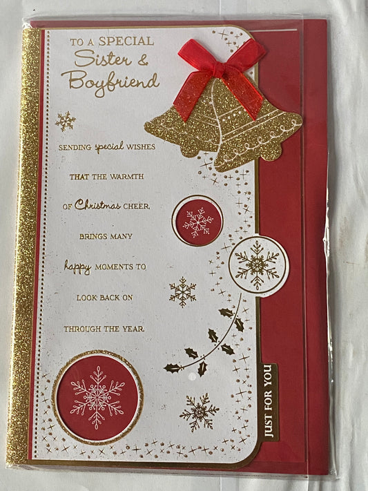 To A Special Sister & Boyfriend Christmas Card Gold Bells/Gold Words Ribbon/Glitter/Foil(PRELUDE38103)